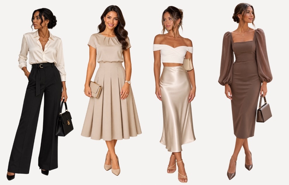 Quatre silhouettes féminines : pantalon noir avec chemise ivoire, robe beige, ensemble satiné champagne et robe marron