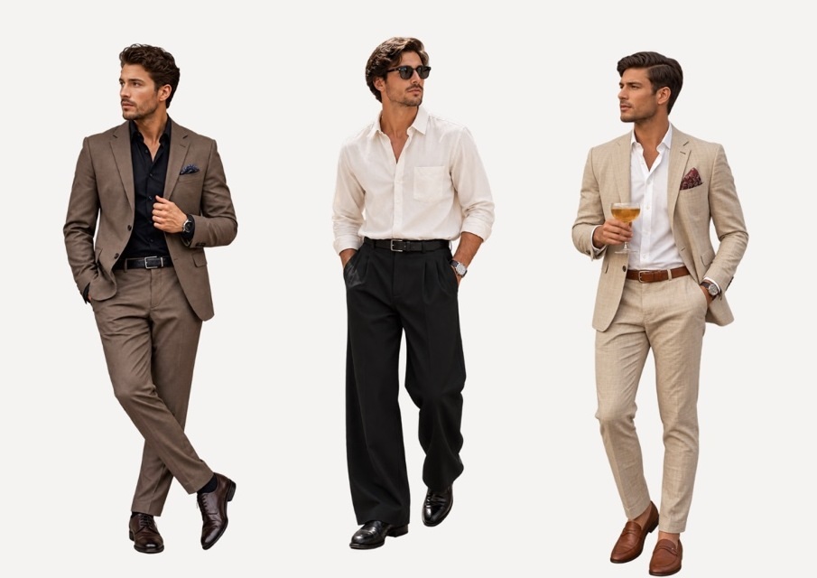 Trois silhouettes masculines : costume taupe, chemise blanche et pantalon noir, costume beige