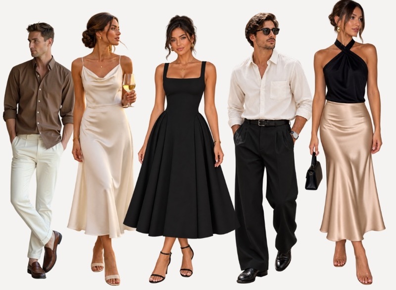 Cinq invités en tenues ivoire, noir, beige et marron