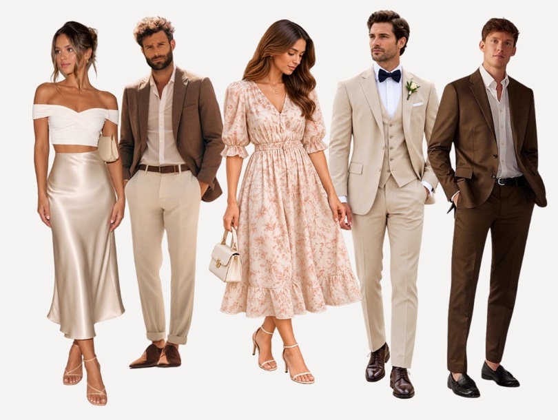 Cinq invités en tenues beige, champagne et marron